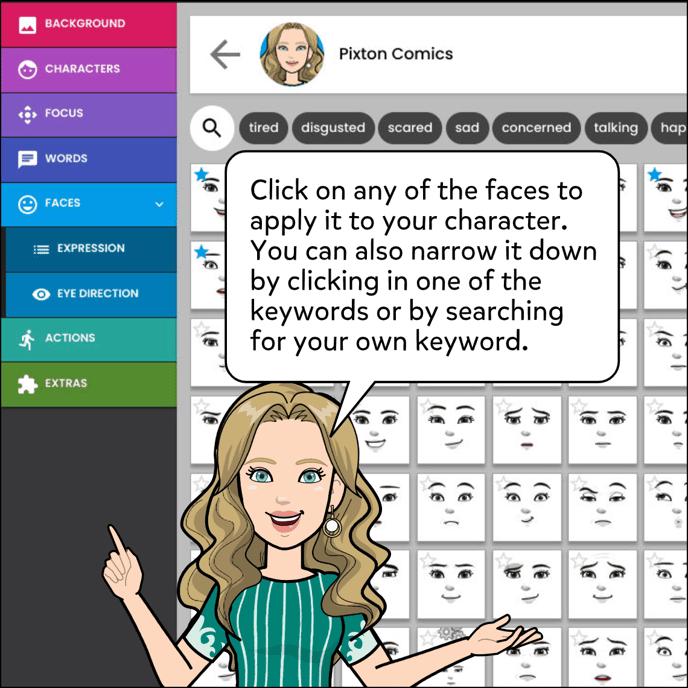 Click on any of the faces to apply it to your character. You can also narrow it down by clicking in one of the keywords or by searching for your own keyword.