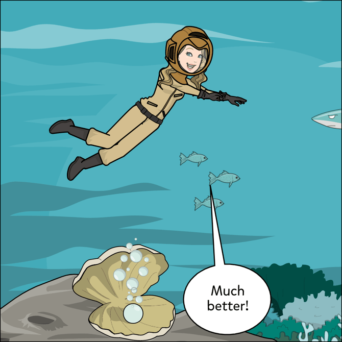 Comic panel shows Character wearing a diver under the ocean while saying "Much better!"