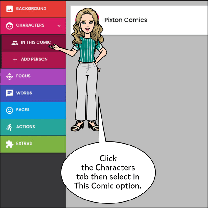 Click the Characters tab then select the In This Comic option.