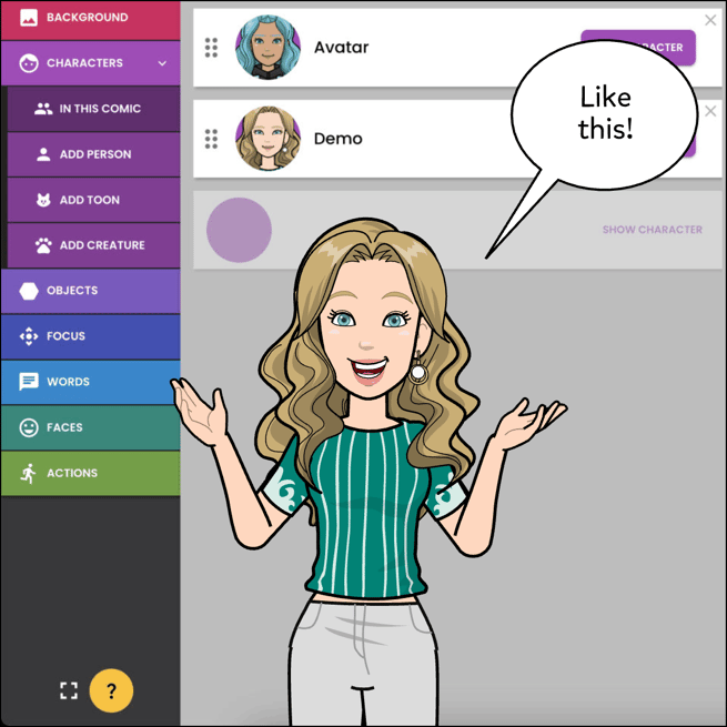 Picture now shows Student Character in the front within the comic maker options.
