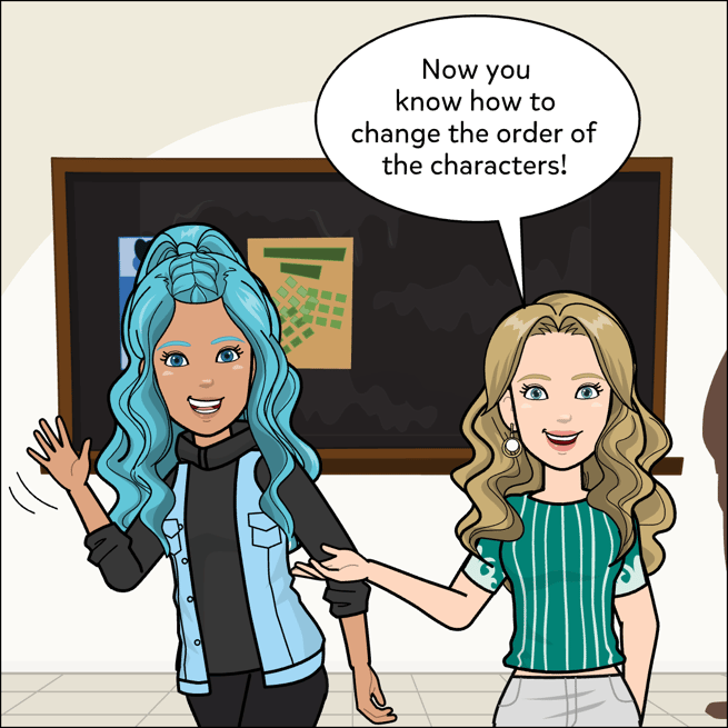 Comic panel shows Student Character now first and Pixton Support Character second.