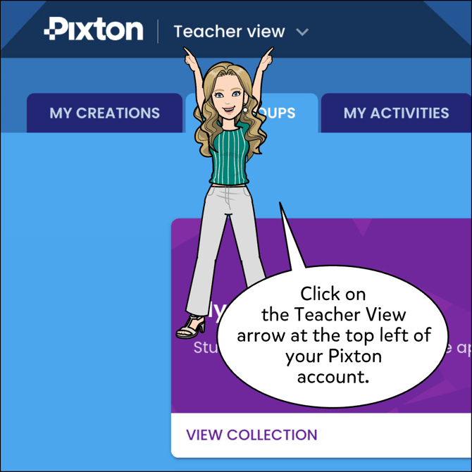 Click on the Teacher view button at the top left of your Pixton account.