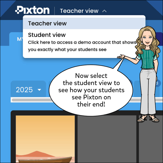 Now select Student View from the menu that will appear. to see how a student in this class sees Pixton on their end.