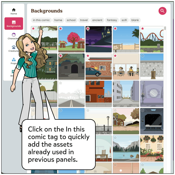 Click on the In This Comic tag to quickly add the assets already used in previous panels.