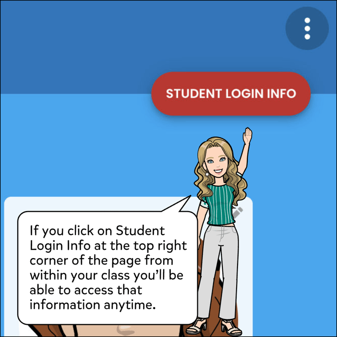 If you click on Student Login info at the top right corner of the page from within your class you'll be able to access that information any time.