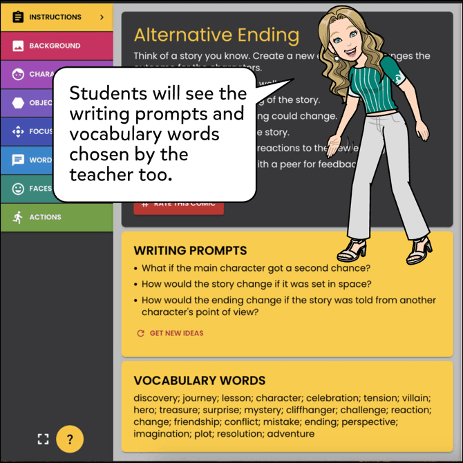 Students will see the writing prompts and vocabulary words chosen by the teacher too.