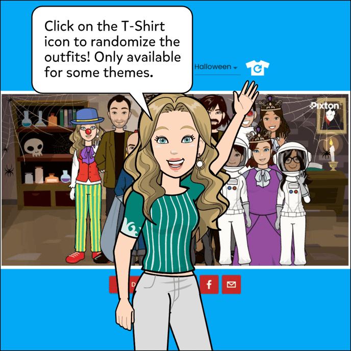 Click on the T-Shirt icon to randomize the outfits. This option is only available for some themes. Picture shows a class photo and a T-Shirt icon at the top right.