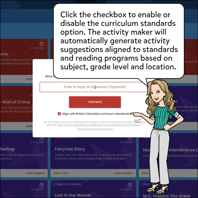 Click the checkbox to enable or disable the curriculum standards option. The activity maker will automatically generate activity suggestions aligned to standards and reading programs based on subject, grade level and location.