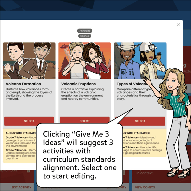 Clicking "Give Me 3 Ideas" will suggest 3 activities with curriculum standards alignment. Select one to start editing.