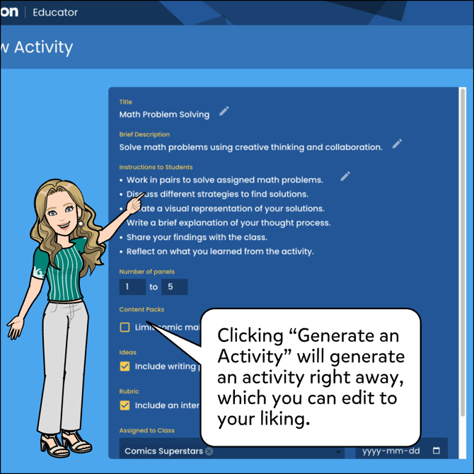Clicking "Generate an Activity" will generate an activity right away, which you can edit to your liking.