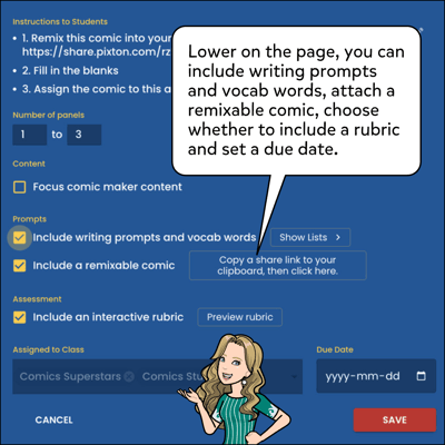 Lower on the page you can include writing prompts and vocab words, attach a remixable comic, choose whether to include a rubric and set a due date.
