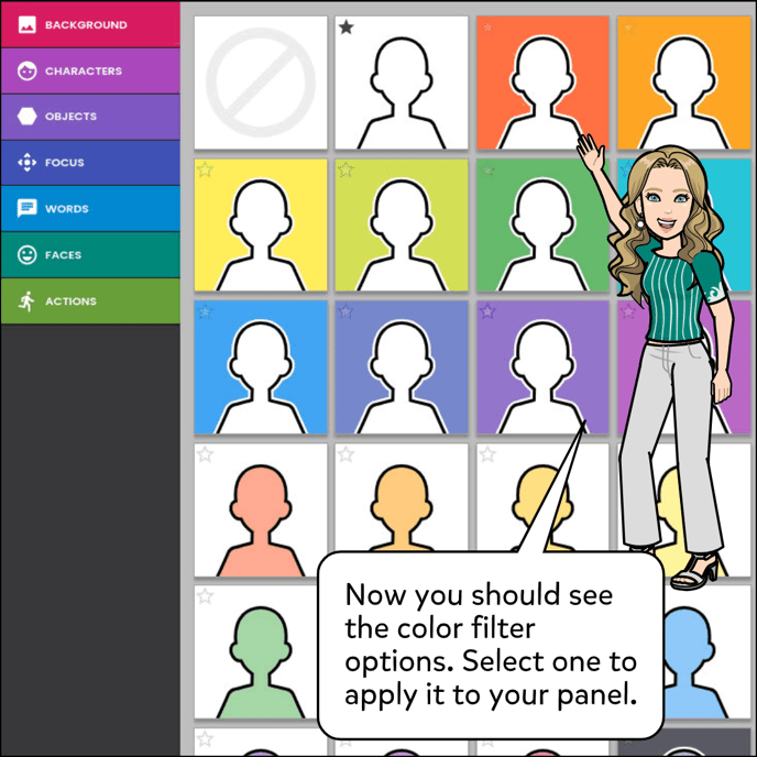 Now you should see the color filter options. Select one to apply it to your panel.