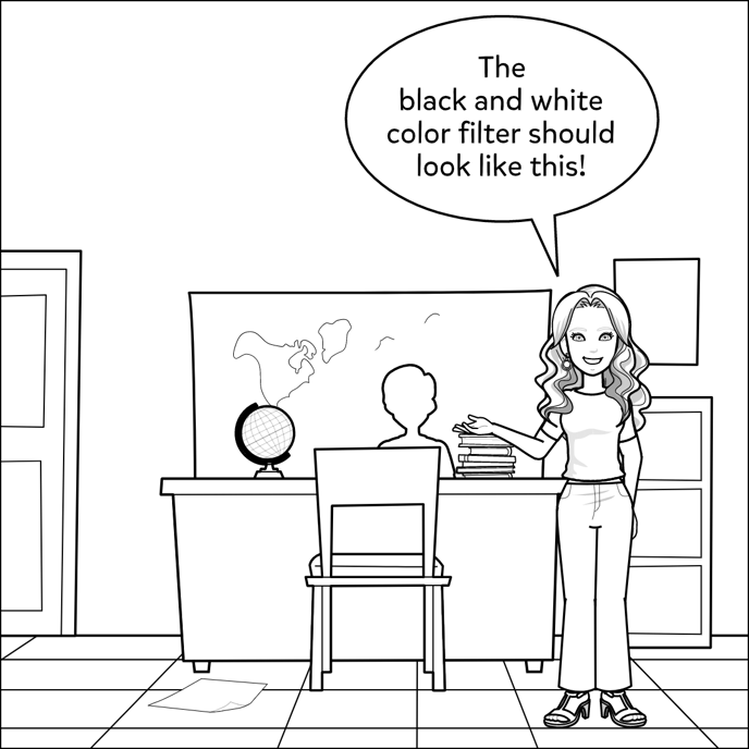 The black and white color filter should look like a coloring book page.