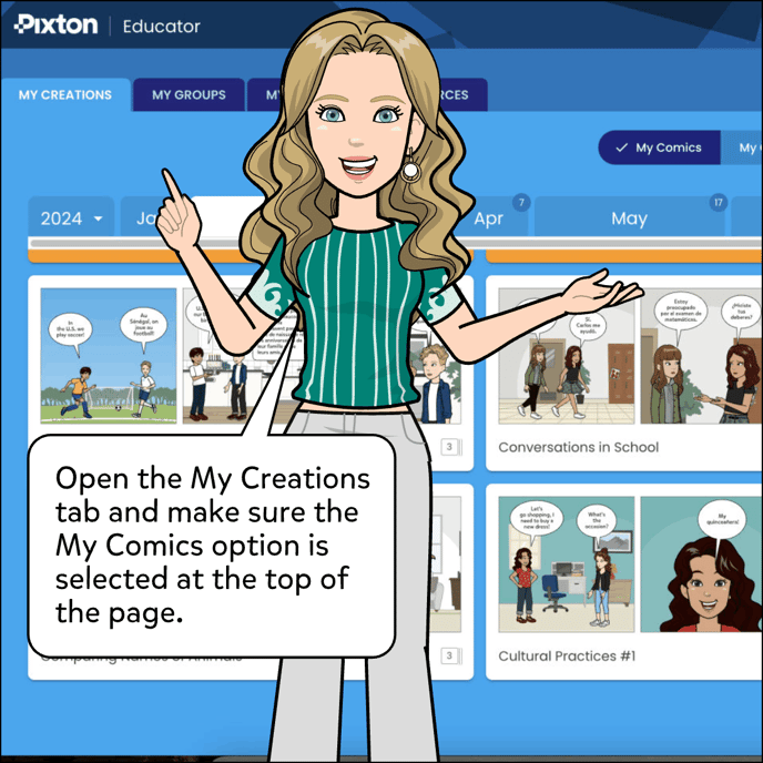 Open the My Creations tab and make sure the My Comics option is selected at the top of the page.