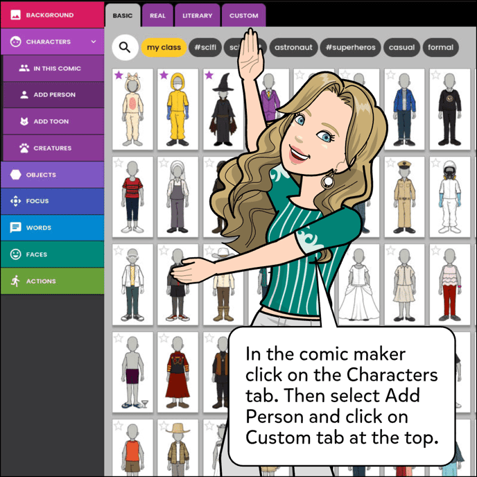 In the comic maker click on the Characters tab. Then select Add Person and then click on the Custom tab at the top.