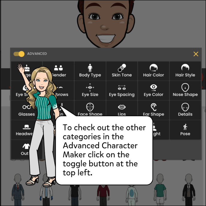 To check out the other categories in the Advanced Character Maker click on the toggle button at the top left.