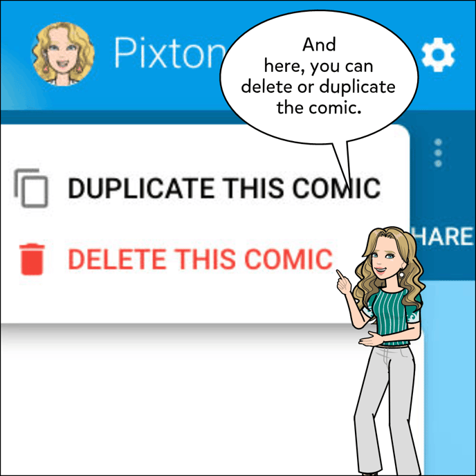 Image shows the three dot menu opened with the options to delete or duplicate the comic.