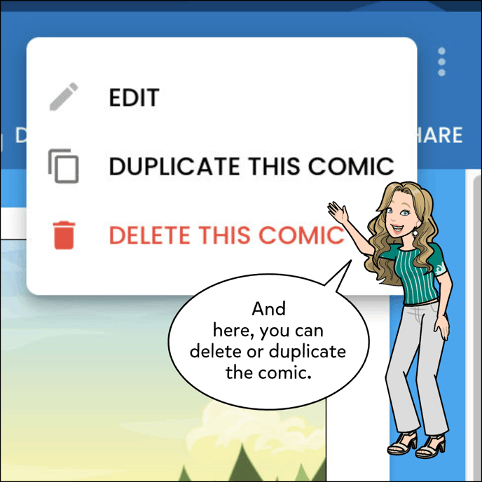 Image shows the three dot menu opened with the options to delete or duplicate the comic.