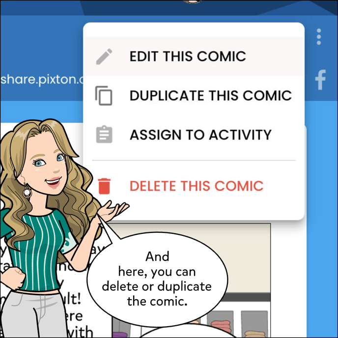 Image shows the three dot menu opened with the options to delete or duplicate the comic.