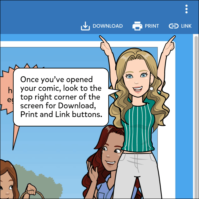 Once you've opened your comic, look to the top right corner of the screen for the Download, Print and Link buttons.