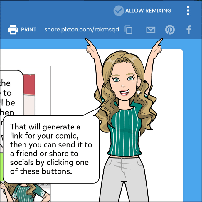 That will generate a link for your comic, then you can send it to a friend or share to socials by clicking one of these social media platform buttons.