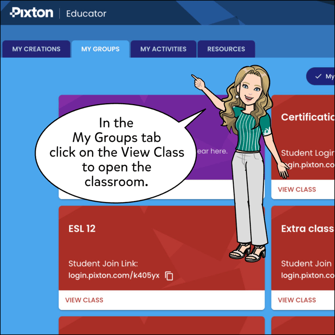 In the My Groups tab click on the View Class button to open the classroom.