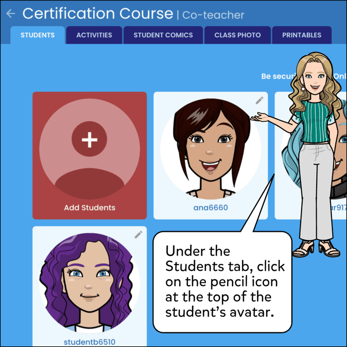 Under the Students tab click on the pencil icon at the top right of the student's avatar.
