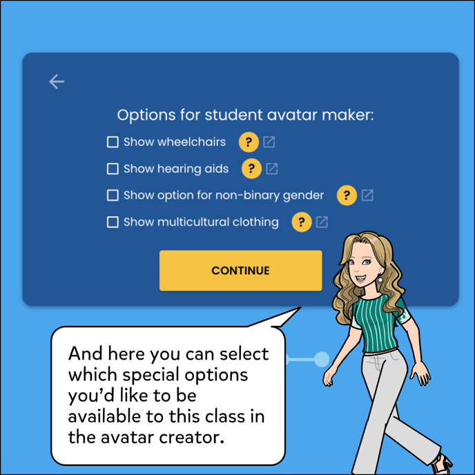 Image shows options for student avatar maker, includes Show Wheelchair Show Hearing Aids and Show Option for Non-Binary Gender and Multicultural clothing.