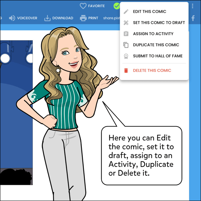 Here you can edit the comic, set it to draft, assign to activity, duplicate or delete the comic.