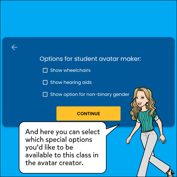 Image shows options for student avatar maker, includes Show Wheelchair Show Hearing Aids and Show Option for Non-Binary Gender