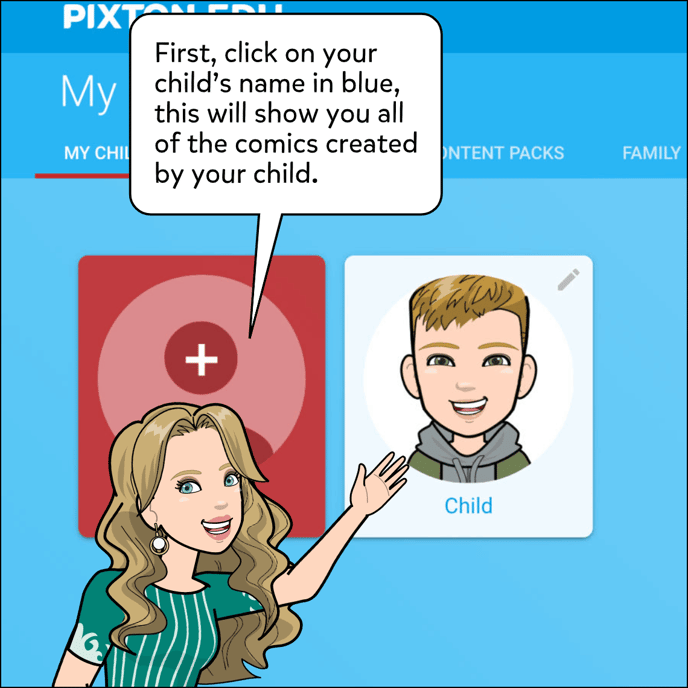 First, click on your child's name in blue. This will show you all of the comics created by your child.