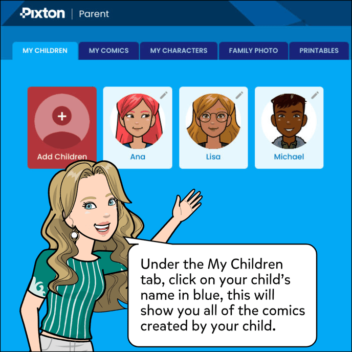 First, click on your child's name in blue. This will show you all of the comics created by your child.