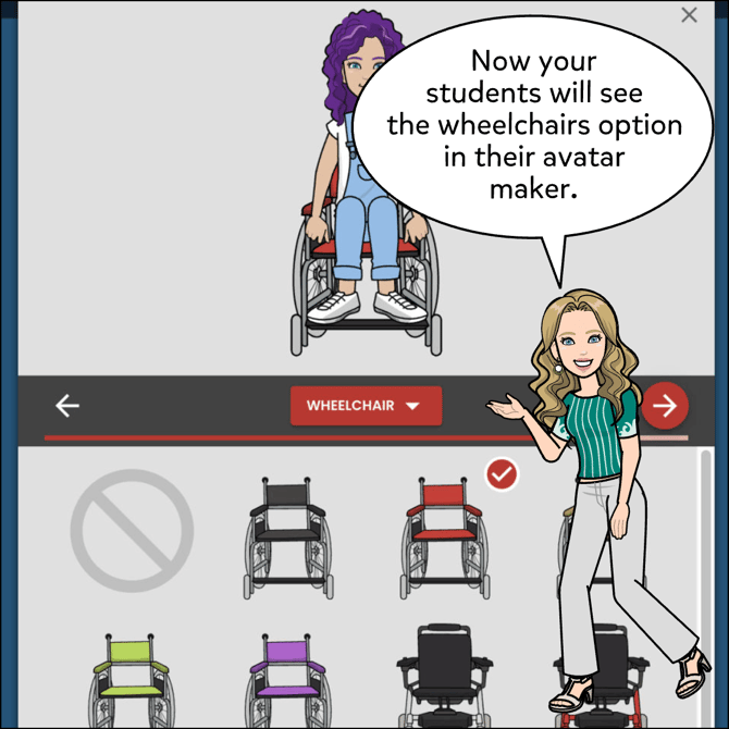 Now your students will see the wheelchairs option in their avatar maker.