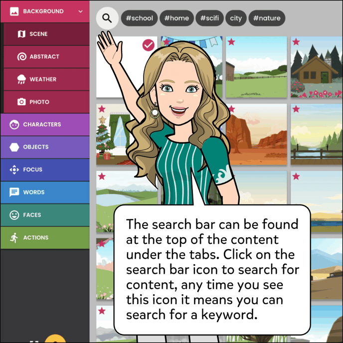 The search bar can found at the top of the content under the tabs. Click on the search bar icon to search for content. You will also see some pre existing keywords to help you get started.