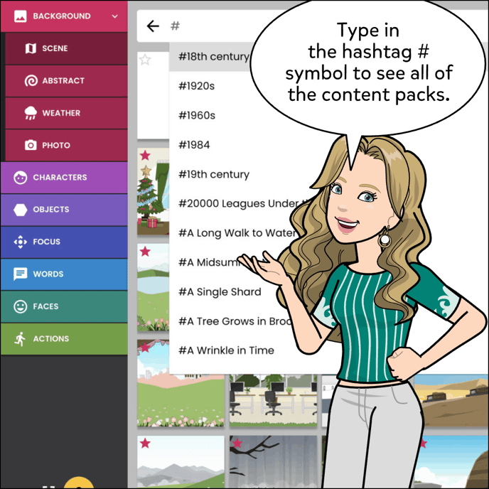 Type in the hashtag # symbol to see all of the content packs.