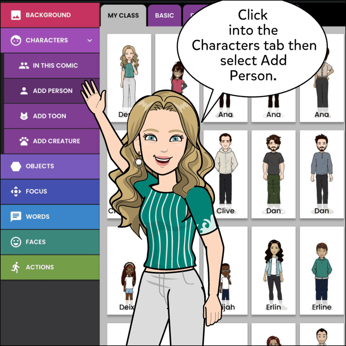 Click into the Characters tab to the left of the comic maker and then select the Add Person option.