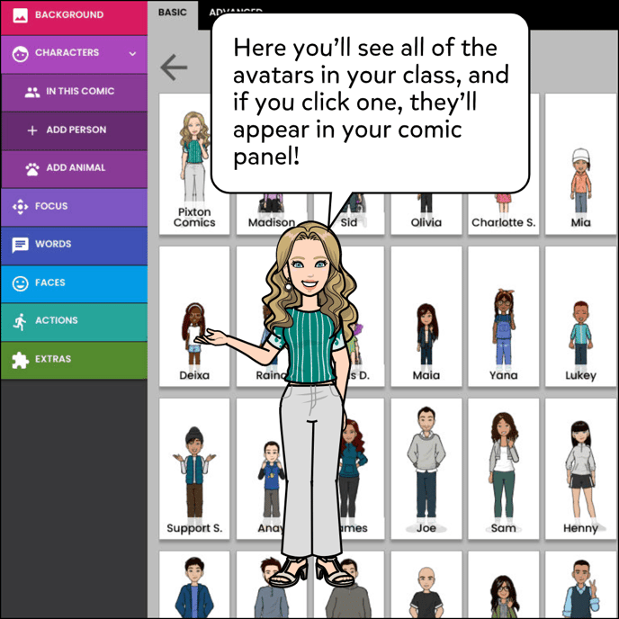 All of the avatars in your class will show up in this list, students and teachers. If you click one, they'll appear in your comic panel.