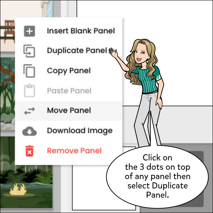 Click the vertical ellipsis icon at the top-right of a panel thumbnail image you’d like to duplicate. Then select Duplicate Panel option.