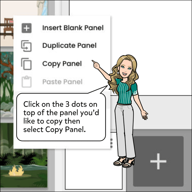 Click the vertical ellipsis icon at the top-right of a panel thumbnail image. Then, Click the Copy Panel option.