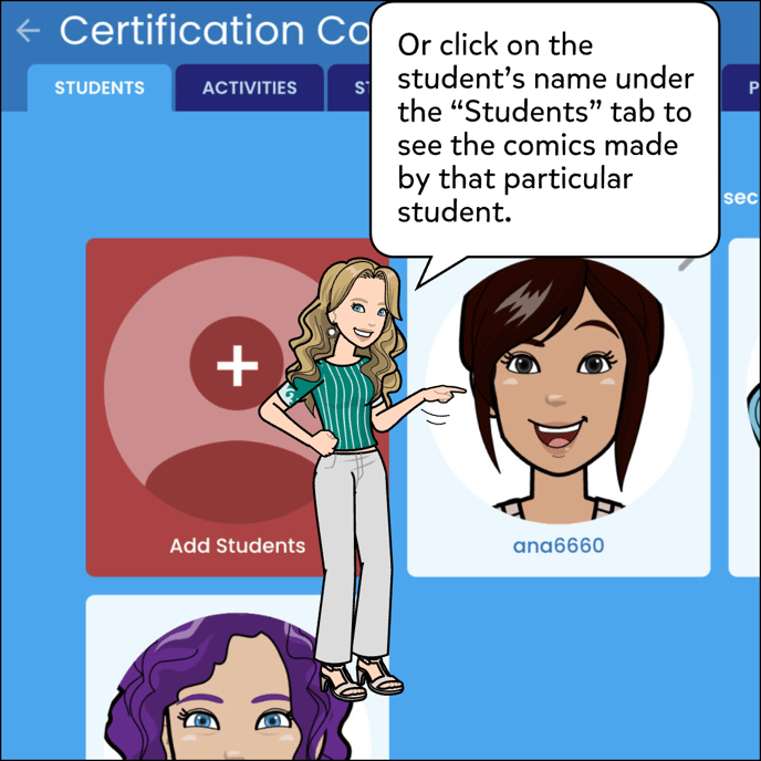 Or click on the student's name under the Students tab to see the comics made by that particular student.
