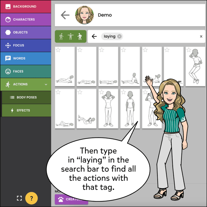 Then, type in the word "laying" in the search bar to find all the actions with that tag.