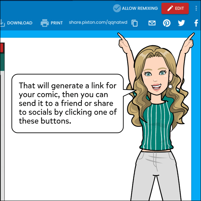 That will generate a link for your comic, then you can send it to a friend or share to socials by clicking one of these social media platform buttons.