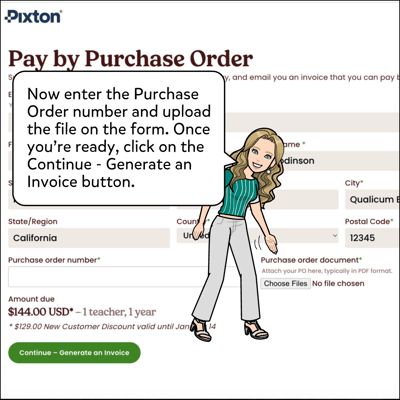 Now enter the Purchase Order number and upload the file on the form. Once you're ready, click on the Continue - Generate an Invoice button.