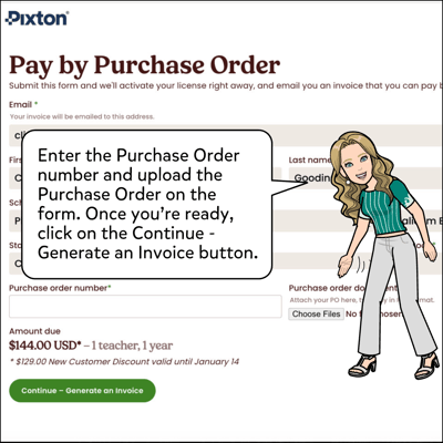 Now enter the Purchase Order number and upload the file on the form. Once you're ready, click on the Continue - Generate an Invoice button.