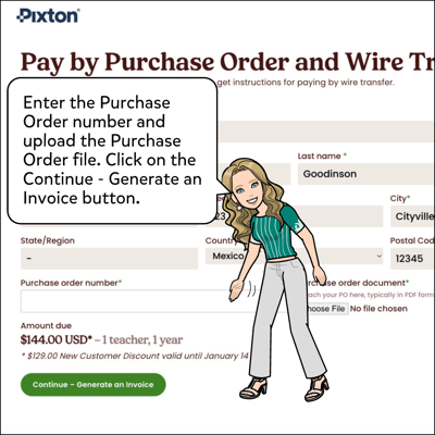 Enter the purchase order number and the purchase order file, then click on the Continue - Generate an Invoice button.