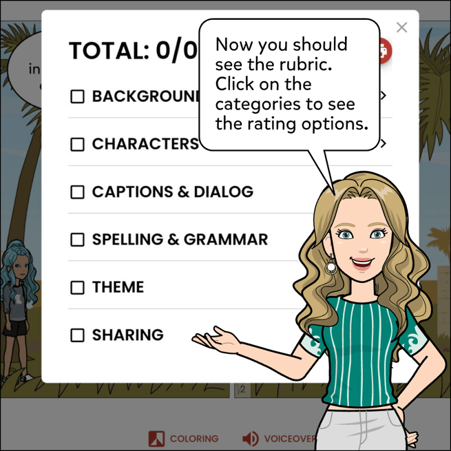Now you should see the rubric. Click on the categories to see the rating options.
