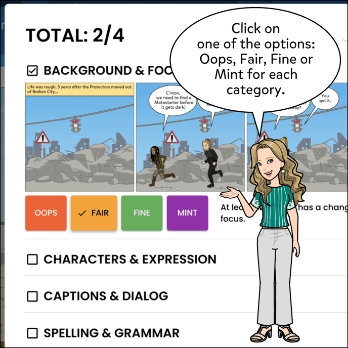 Click on one of the options: Oops, Fair, Fine or Mint for each category.