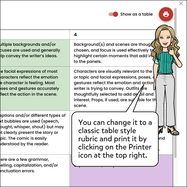 You can change it to a classic table style rubric and print it by clicking on the Printer icon at the top right.