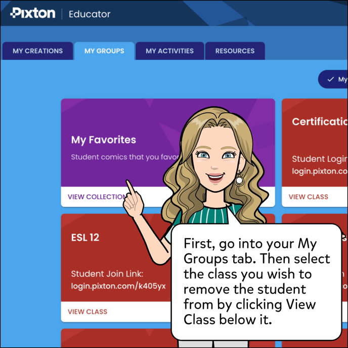 Go into the My Groups tab then select the class you wish to remove the student from by clicking View Class below it.
