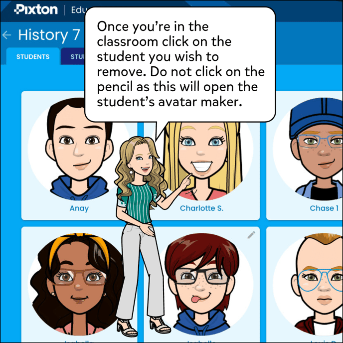 ONce you're in the classroom, click on the student you wish to remove. Do not click on the pencil as this will open the student's avatar maker.
